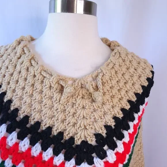 Handcrafted Brown Red Chevron Stripe Crochet Poncho Fringe Sweater Small/Medium - Picture 2 of 6